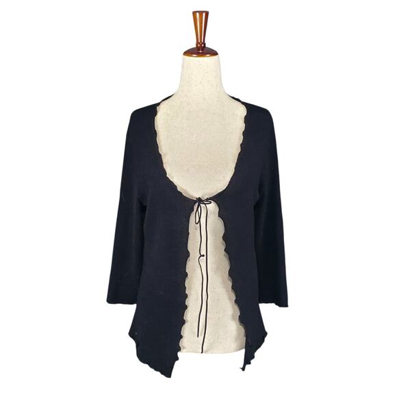 Y2k Black Lettuce Hem Open Front Tie Cardigan Sweater - Small - Picture 1 of 6